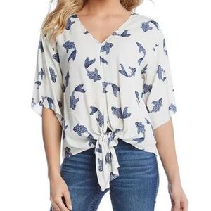 Karen Kane Tie-Front Top, V-Neck, With A Blue Butterfly Koi Print